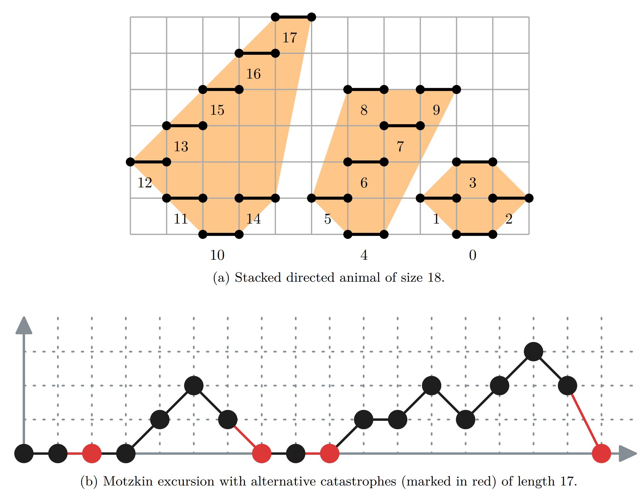 Illustration for A bijection between stacked directed polyominoes and Motzkin paths with alternative catastrophes